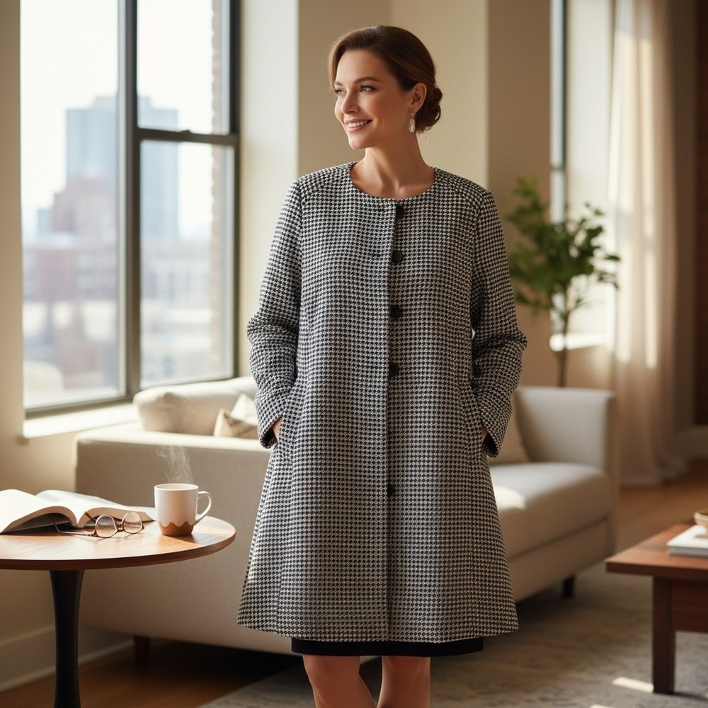 Vtg‎ Eden Court Black & White Houndstooth Overcoat -US L